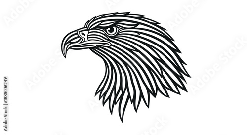 A detailed black and white illustration of an eagle's head in profile with a sharp beak and expressive eye on a clean white background.
