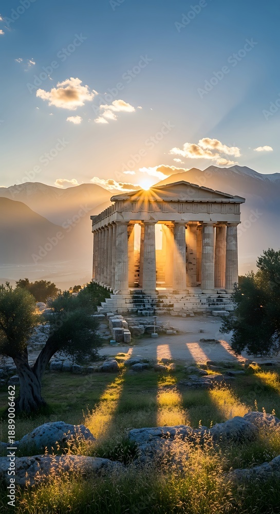 Obraz premium Ancient Greek Temple Bathed in Golden Sunset Light with Dramatic Sun Rays and Mountain Backdrop.