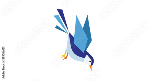 Geometric illustration of a blue bird in mid-flight against a white background with a minimalist design.