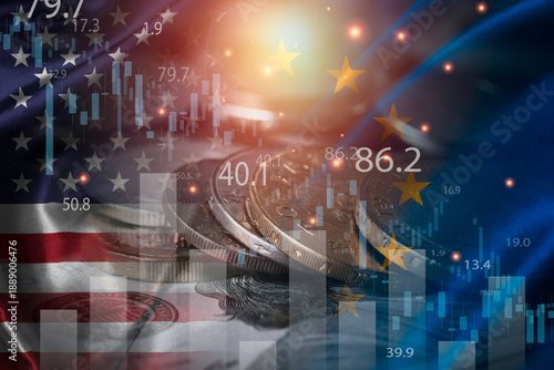 Foto Double exposure of USA and European flags with stock market chart, coins and economic data overlay representing of geopolitic conflict which effect to economic uncertainty inflation and investment