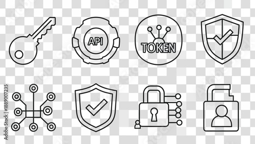 Cybersecurity icons set outline graphics representing digital protection access control encryption authentication key token api and secure network vector illustration