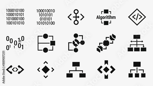 Algorithm and data structure icons with binary code flowcharts and hierarchical diagrams symbolizing computational logic and organization