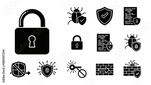 Cyber security and data protection icons with locks shields bugs and firewalls symbolizing network defense and threat prevention