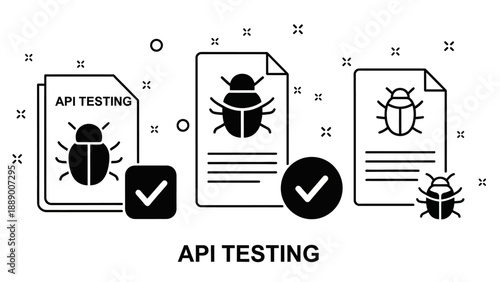 Api testing conceptual illustration with bugs and checkboxes on documents symbolizing software quality assurance and bug detection process