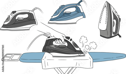 Electric Steam Iron Illustration Set with Ironing Board and Household Laundry Appliance for Home Care Design