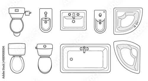 Top View Art Collection of Bathroom Fixtures and Sanitary Ware