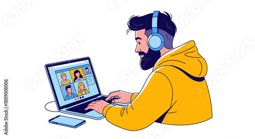 Man in Headphones Video Conferencing on Laptop with Colleagues Online
