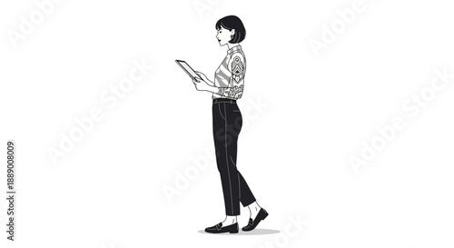 Focused Woman Holding Tablet, Standing and Reading, Modern Business Professional in Casual Attire