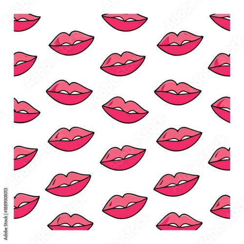A playful seamless pattern filled with cute, colorful kisses, perfect for backgrounds, wrapping, or designs that celebrate love and affection in a fun, flirty style.
