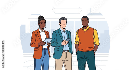 Diverse group of professionals in modern attire holding devices and looking forward