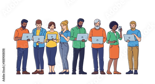 Diverse Group of People Using Modern Technology Devices Like Laptops and Smartphones