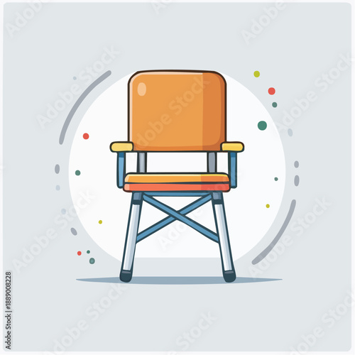 Director's chair illustration with orange seat and backrest, blue frame, and wooden armrests, standing alone in a minimalist environment