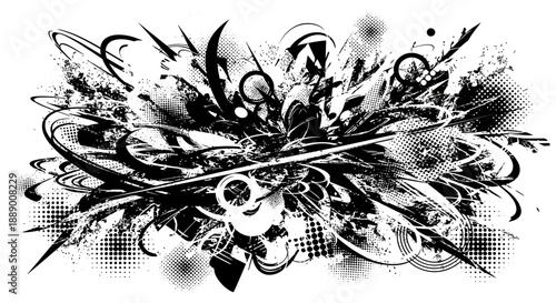 Dynamic Abstract Grunge Explosion of Black and White Shapes and Halftone Dots