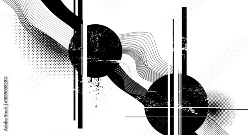 Abstract Black and White Geometric Shapes with Wavy Lines and Grunge Texture Overlay