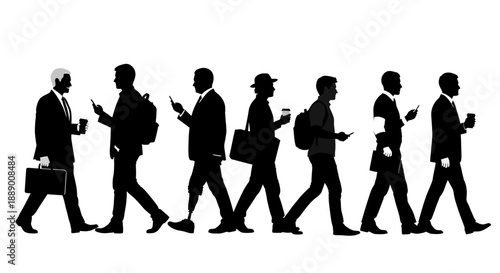 Diverse Business People Walking and Using Mobile Phones in a Silhouette Style