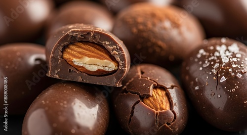 Chocolate covered almonds with cracked shells and one cut open to reveal nut inside on pile of brown chocolate balls with shiny surface and sea salt