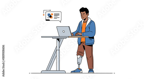 Diverse Person with Prosthetic Leg Working on Laptop at Standing Desk, Online Communication Concept