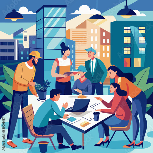 Diverse team collaborating in modern office space with city view