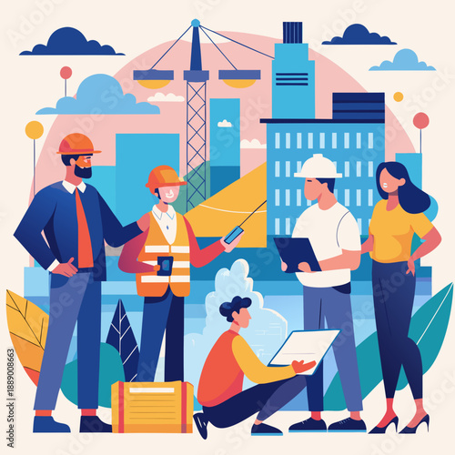 Diverse team collaborating on construction project with cityscape background