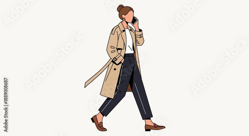 Professional Woman in Trench Coat Walking and Talking on Phone, Minimalist Style