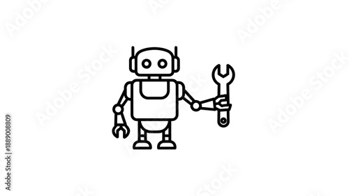 Simple line drawing of a friendly robot character holding large wrench tool illustrating maintenance service or technical support concept