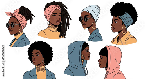 Diverse Black Women with Stylish Headwear and Outfits, Vector Illustration