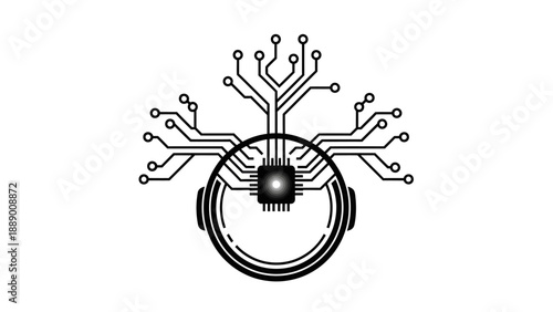 Headset shape with integrated circuit and chip symbolizes artificial intelligence and advanced technology and digital thinking and data processing