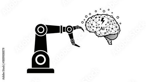 Robot arm connecting to artificial intelligence brain with network of nodes and lightning symbol signifying power and innovation