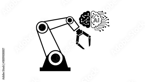 Robotic arm holding artificial intelligence brain icon showing automation and advanced manufacturing technology integration in industry