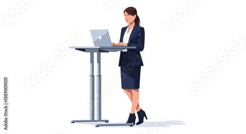 Woman in Business Suit Working on Laptop at Standing Desk, Modern Concept