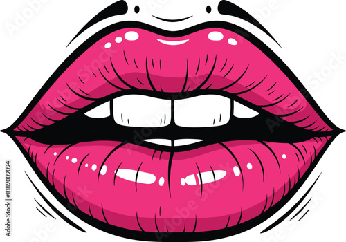 Glossy pink lips biting teeth pop art style sensual mouth illustration beauty makeup fashion vector logo sticker design