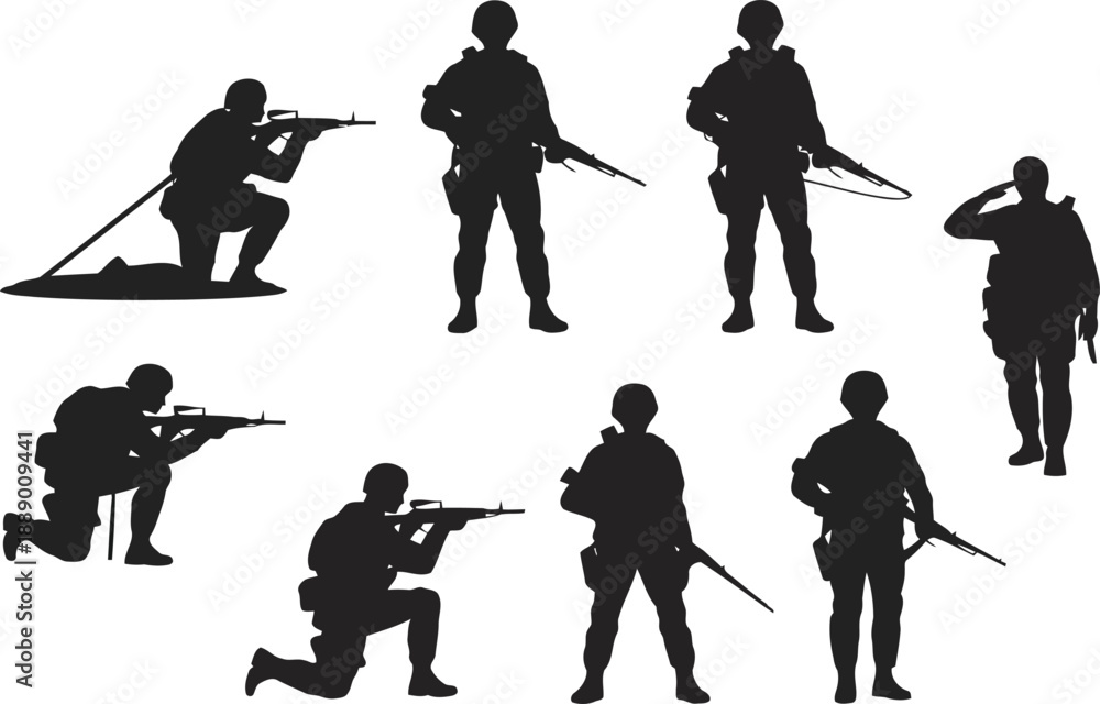 Fototapeta premium Soldiers in various combat positions with guns and gear
