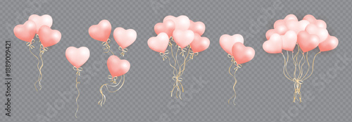 Realistic heart shaped pink air balloons set isolated on transparent background. Bunch of pastel helium balloons. Set of One, two, three, six and nine 3D heart shaped air balloons