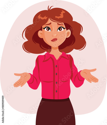 Funny Clueless Redhead Woman Shrugging Vector Illustration. Lady questioning her own decisions being insecure 
