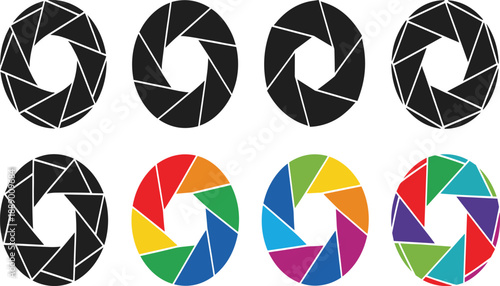 Camera shutter icons, black and colorful circular segments, photography symbols for lens, aperture, focus, exposure, and visual design