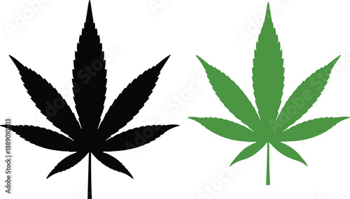 Cannabis leaf icons, black and green silhouettes, marijuana symbols, medical weed graphics, herbal plant illustration, vector design elements