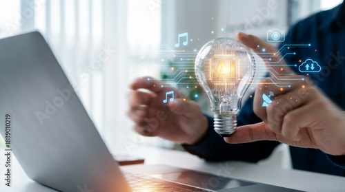 Businessman presenting artificial intelligence lightbulb for creative innovation idea. Digital smart technology system generating future automation data. Machine learning solution for business.