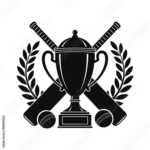 Cricket championship trophy award with crossed bats and balls surrounded by laurel wreath  isolated on transparent background