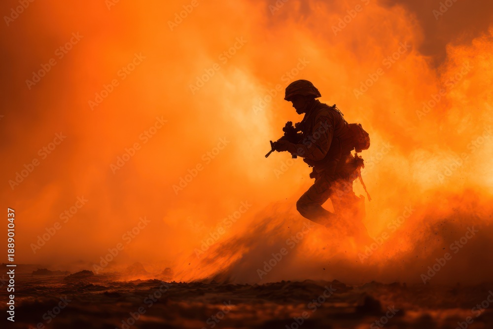 Naklejka premium War concept silhouette of soldier in smoke