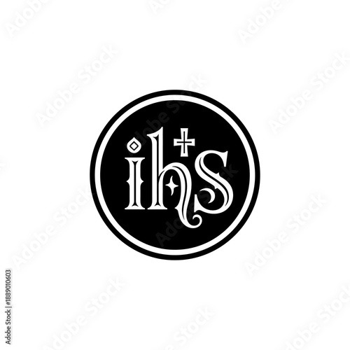 IHS Christogram symbol in a black circle representing religious faith.