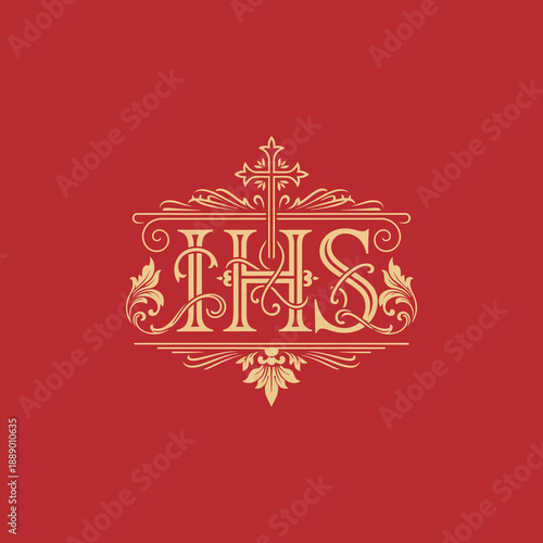 IHS Christogram with Ornate Cross and Floral Details.