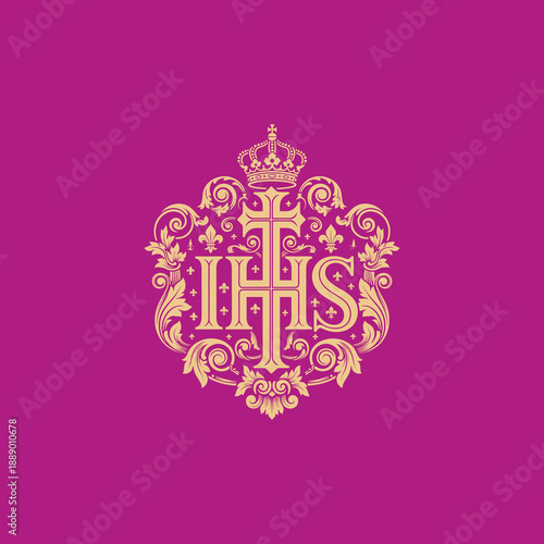 IHS Christogram with Crown and Ornate Scrollwork.
