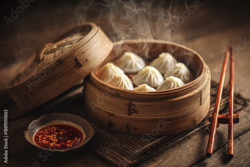 Freshly steamed asian food in bamboo basket