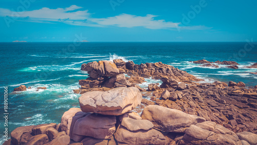 The Pink Granite Coast, Brittany, France. Ocean View On A Sunny Spring Day.