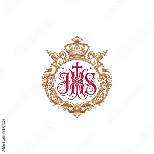 Ornate IHS Monogram with Crown and Cherubs Religious Symbol.