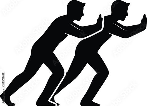 Isolated two men pushing hard against an unseen barrier illustration vector
