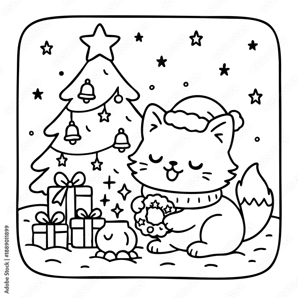 Fototapeta premium A cute, cartoon cat wearing a Santa hat sits beside a decorated Christmas tree, surrounded by gifts and festive decorations.