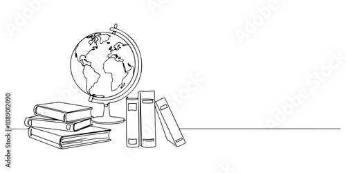 Continuous one line of a globe and books on a home desk, symbolizing world education in homeschooling, drawn vector illustration.