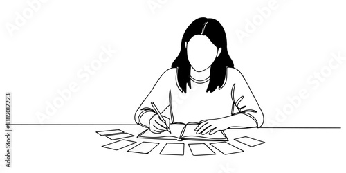 Continuous one line of a student learning with flashcards at home, representing personalized education, drawn vector illustration.