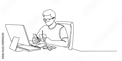 Continuous one line of a student learning with flashcards at home, representing personalized education, drawn vector illustration.